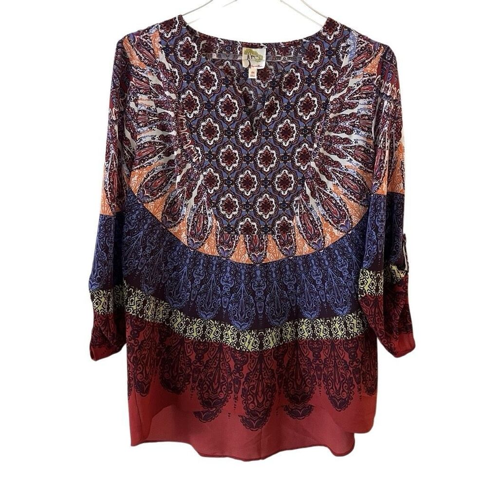 Anthropologie Fig & Flower Womens Medium Colorful Roll Tab Blouse Top